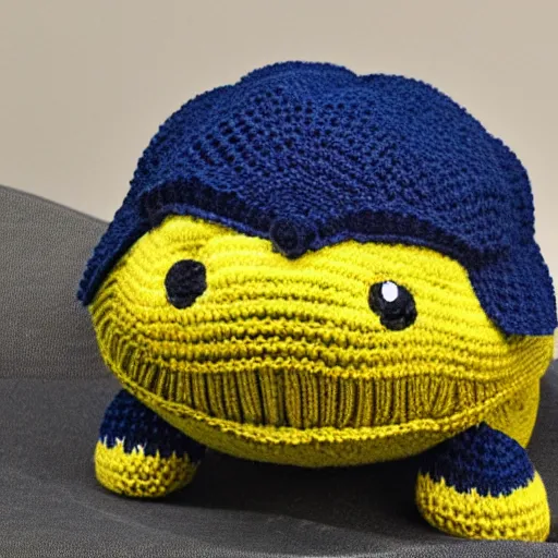 Image similar to a closeup photorealistic smiling knitted plush turtle wearing a fedora hat.