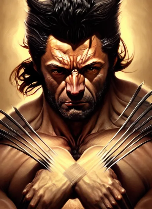 Image similar to Portrait of Wolverine, D&D, muscular, fantasy, intricate, elegant, highly detailed, digital painting, artstation, concept art, smooth, sharp focus, illustration, art by artgerm and greg rutkowski and alphonse mucha