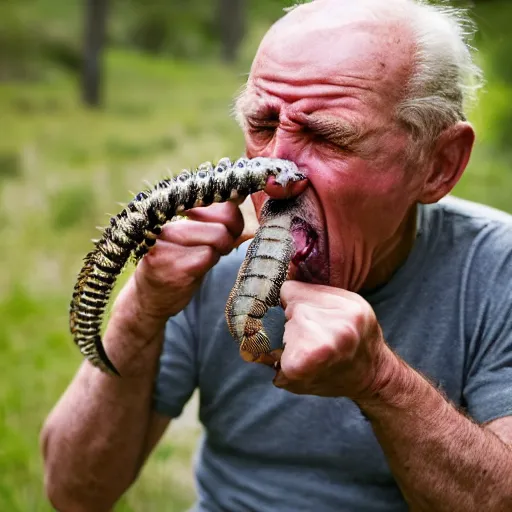 Prompt: National Geographic photo of angry old man with millipedes in his mouth