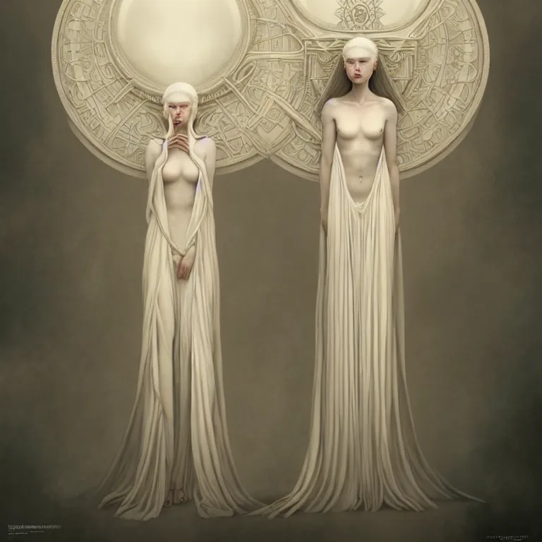 Image similar to alone with herself wonderful symmetrical woman albino goddess with a wonderful face with a beautiful porcelain symmetrical body dressed with a majestic semi transparent cream long cotton dress, hightly ornate, intricate, detailed, dramatic light, award winning, octane render, tom bagshaw style