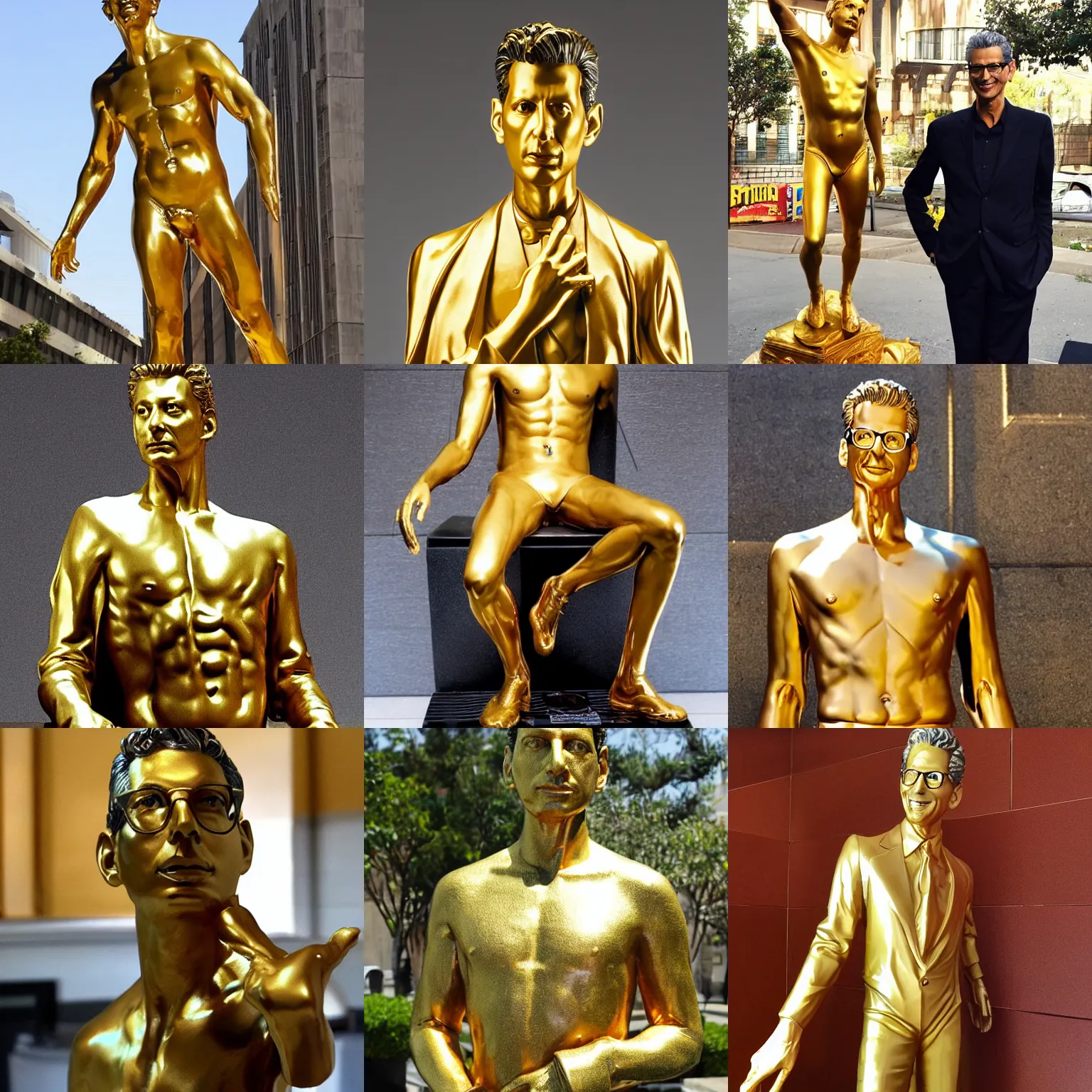 Prompt: a golden statue of jeff goldblum