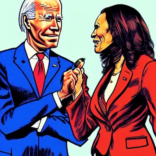 Image similar to The Artwork of R. Crumb and his Cheap Suit - Joe Biden and Kamala Harris, pencil and colored marker artwork, trailer-trash lifestyle