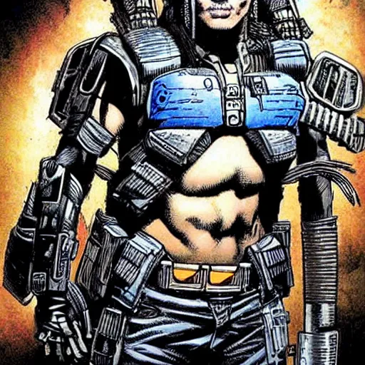 Image similar to sci - fi, dystopian bounty hunter, art by jim lee