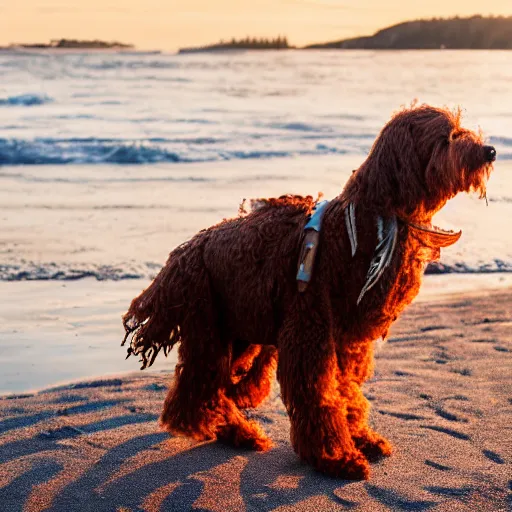 Prompt: A Photo of a brown cockapoo dressed as a pirate at the beach in Vancouver, BC, golden hour, 55mm