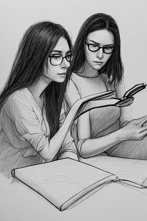 Image similar to portrait of two wise and very beautiful women reviewing some texts, drawn by a child, intricate, elegant, highly detailed, smooth, sharp focus, artstation