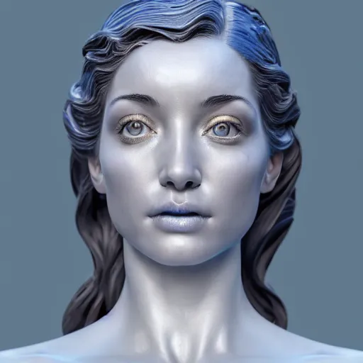 Image similar to a blue marble statue masterpiece of a gorgeous woman made from blue marble with white and gold, macro detailed oily skin. highly detailed, sharpness. victorian dress. hyper realistic., close up, face only, portrait, bright lights, bright render, octane render, corona render