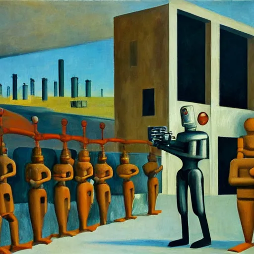 Image similar to drab slave human workers building robots, watched by fascist robots, brutalist factory, dystopian, pj crook, edward hopper, oil on canvas