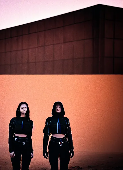 Image similar to cinestill 5 0 d photographic portrait of two loving female androids wearing rugged black techwear on a desolate plain with a red sky, extreme closeup, lizard on ground, cyberpunk style, in front of a brutalist dark metal facility, dust storm, 8 k, hd, high resolution, 3 5 mm, f / 3 2, ultra realistic faces