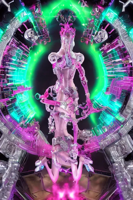 Image similar to full-body rococo and cyberpunk style crystal quartz sculpture of a young handsome seductive Puerto Rican android gogo reaching for the sky, glowing pink laser eyes, crown of white gears and diamonds, swirling green-colored silk fabric. futuristic elements. full-length view. intricate artwork by caravaggio. Trending on artstation, octane render, cinematic lighting from the right, hyper realism, octane render, 8k, depth of field, 3D