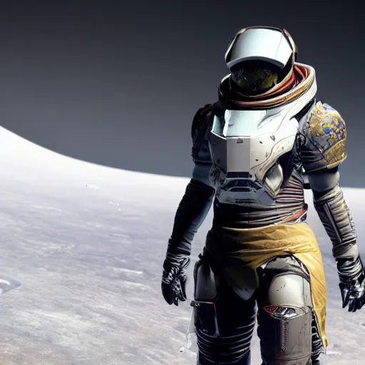 Image similar to destiny warlock with amazing and beautiful armor traveling on the moon 4 k photorealistic