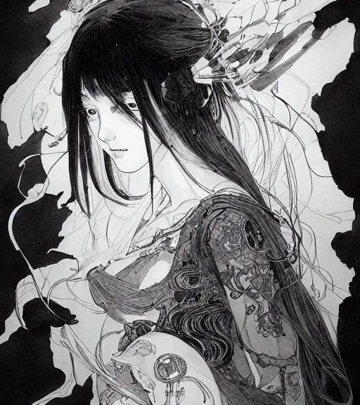 Image similar to portrait of anime woman, pen and ink, intricate line drawings, by wlop, claire wendling, kentaro miura, greg rutkowski, loundraw