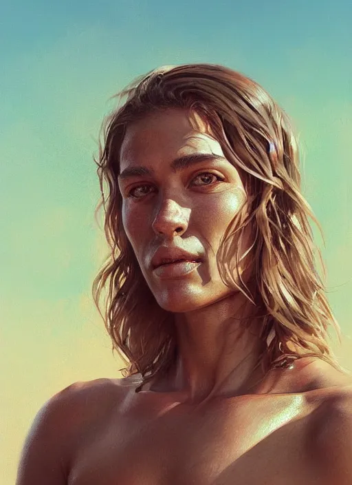 Prompt: a detailed painted portrait of an californian born surfer by artist hadi karimi, wlop, artgerm, greg rutkowski, slightly happy facial expression, dramatic lowkey studio lighting, accurate skin textures, hyperrealism, aesthetically pleasing and harmonious vintage colors