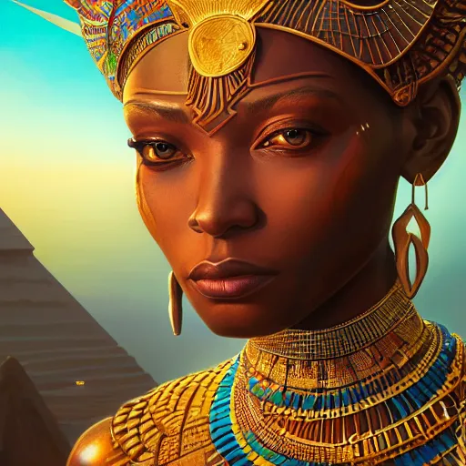 Image similar to highly detailed portrait of an african egyptian goddess, intricate alien technology, stephen bliss, unreal engine, fantasy art by greg rutkowski, loish, rhads, ferdinand knab, makoto shinkai and lois van baarle, ilya kuvshinov, rossdraws, tom bagshaw, global illumination, bokeh, radiant light, detailed and intricate environment