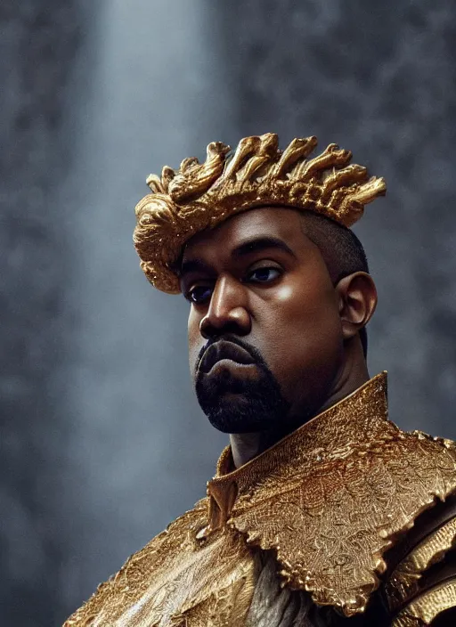 Image similar to kanye west as emperor napoleon in elden ring, splash art, movie still, cinematic lighting, dramatic, octane render, long lens, shallow depth of field, bokeh, anamorphic lens flare, 8 k, hyper detailed, 3 5 mm film grain