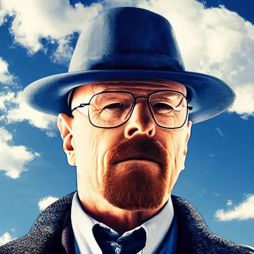 Prompt: photo of heisenberg looking at the sky, from behind, the clouds of the sky are replaced with blue meth