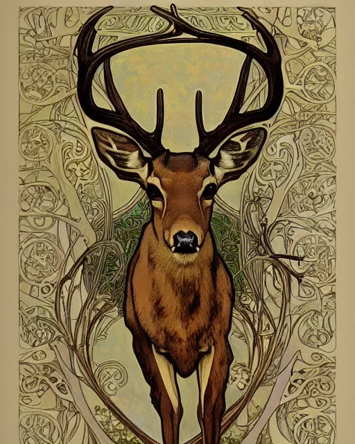 Image similar to an art nouveau painting of a deer with antlers, highly detailed, intricate, artstation, by alphonse mucha and james gurney