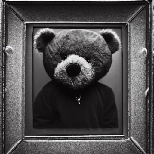 Image similar to a ( ( chiaroscuro lighting portrait ) ) of kanye west dressed as teddy bear mascot, black background, portrait by julia margaret cameron, shallow depth of field, 8 0 mm, f 1. 8