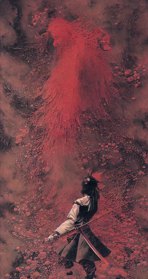 Prompt: japanese schoolgirl runs away from samurai with a katana on the subway, high detailed beksinski painting, part by adrian ghenie and gerhard richter. art by takato yamamoto. masterpiece, deep colours, red