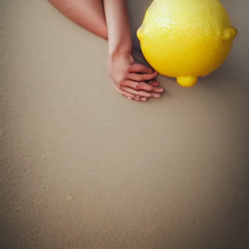 Image similar to a lemon in shape of a human with legs of lemons and round body, arms of lemons, it's relaxing on a beach, volumetric light