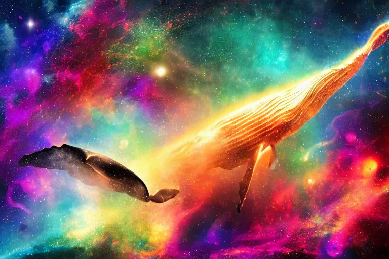 Image similar to a humpback whale made of a cosmic map swimming through a colorful space nebula with a black hole, event horizon, digital art, photorealistic