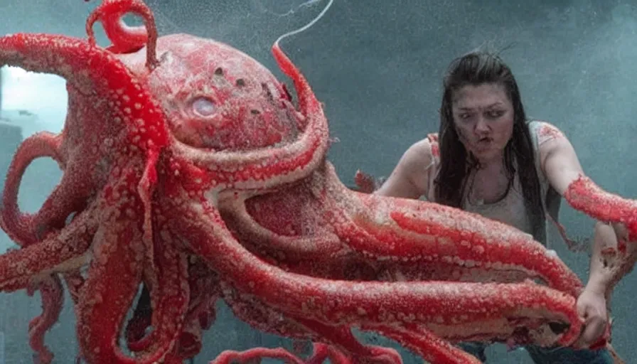 Image similar to Big budget horror movie, an android fights a giant squid, blood is splattering everywhere