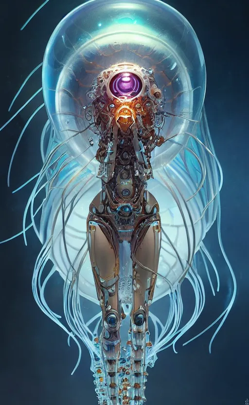 Prompt: Cyborg biomechanical jellyfish female deity, sci-fi, highly detailed, digital painting, artstation, concept art, smooth, sharp focus, illustration, art by artgerm and greg rutkowski and alphonse mucha