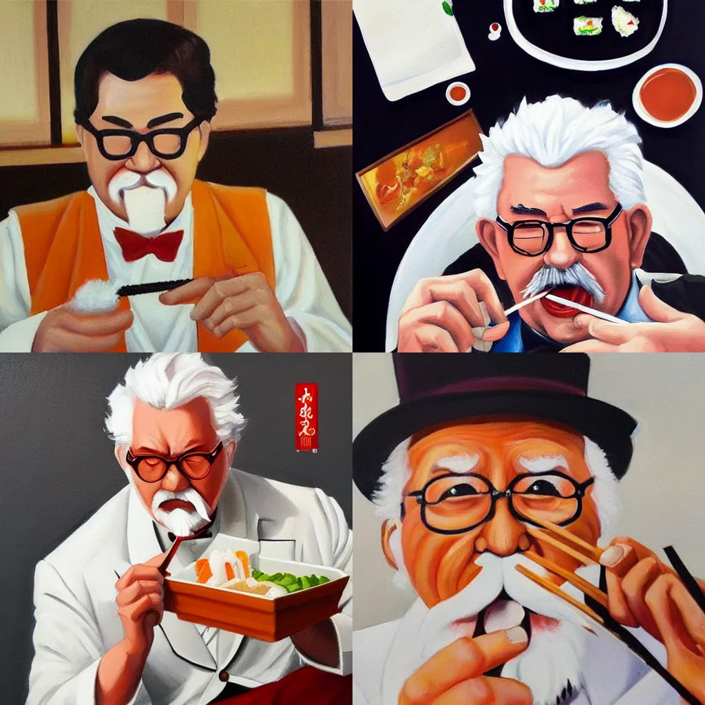 Prompt: Colonel Sanders eating sushi with chopsticks in hand. Beautiful painting. Artstation, high quality, 4k, expressive masterpiece