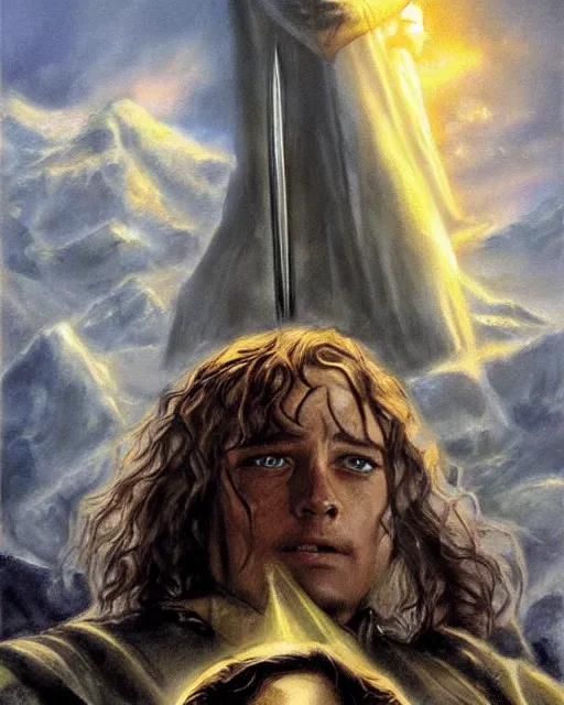 Image similar to lord of the rings poster done with concept art, oil painting, digital art, art by tom jung