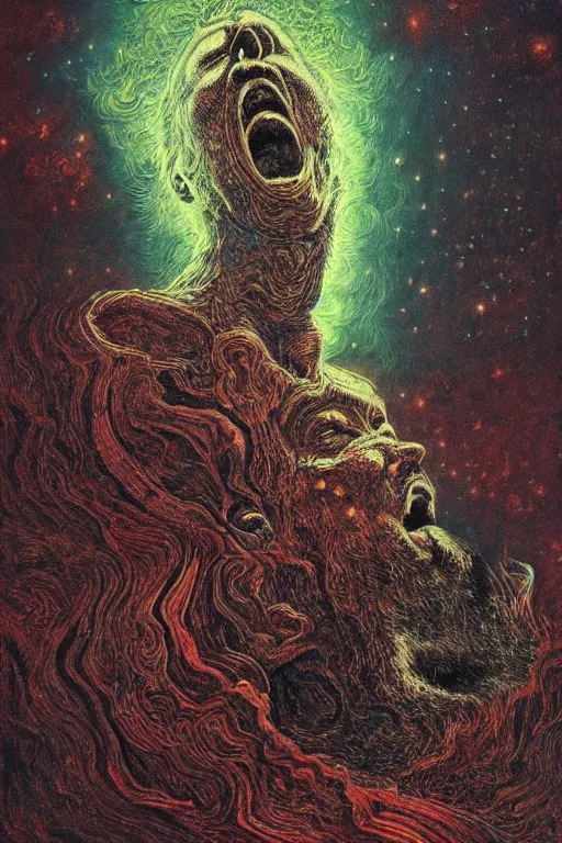 Image similar to an old fractal man screams and a tornado comes out of his mouth by artgem and les edwards, gustave dore, highly detailed, high contrast, light reflection, trippy, nebula, trending on artstation