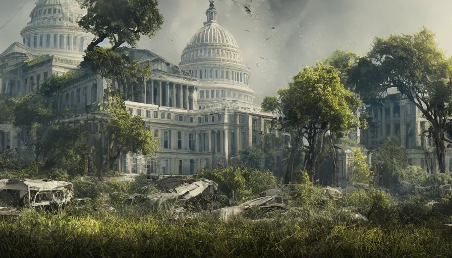 Image similar to Abandoned damaged Capitol covered by vegetation, game art matte painting hyperdetailed, artstation, cgsociety, 8k