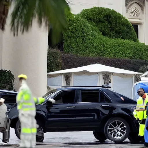 Image similar to mar-a-lago being raided by fbi agents in windbreakers, high detail, dark