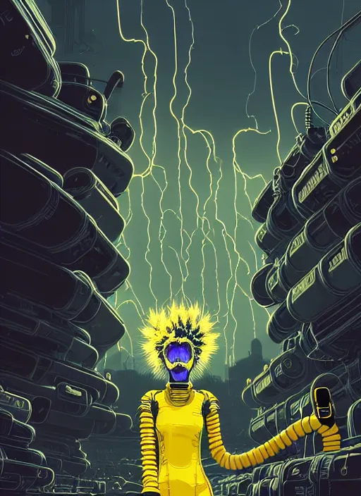 Image similar to highly detailed portrait of wasteland punk long curly bright yellow and white plasma electricity hair tribal lady, stray electric spark wiring by atey ghailan, james gilleard, by joe fenton, by greg rutkowski, by greg tocchini, by kaethe butcher, 4 k resolution, gradient yellow, black and white color scheme!!! ( ( lightning cloudy robotic dystopian city background ) )