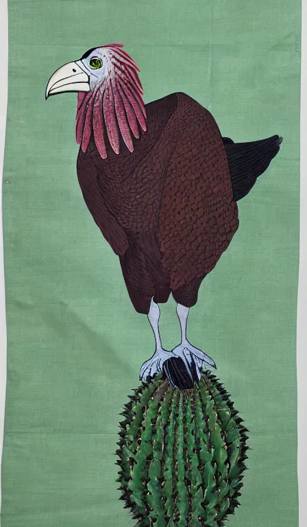 Image similar to big turkey vulture sitting on cactus by Shen Quan, hanging scroll, ink and colours on silk