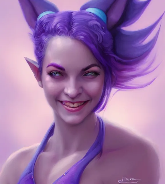 Prompt: cute female tiefling smiling wearing pale purple halter top, perfect face, blue hair, abs, cinematic, blush, stunning, elegant, highly detailed, psychedelic, digital painting, artstation, smooth, hard focus, illustration, art by jessica rossier and and brian froud