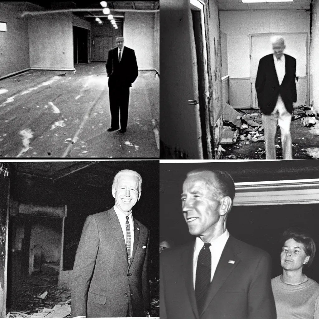 Prompt: low quality black and white photo from 1 9 6 3 of joe biden in an dark abandoned building, he is watching from afar, cursed image