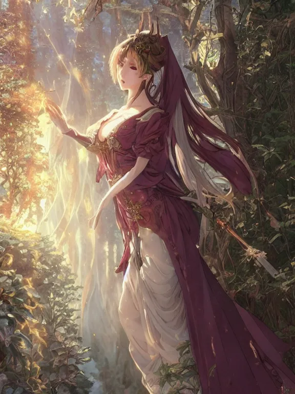 Image similar to anime key visual of amora the enchantress wearing a medieval gown!! intricate, magical forest, stunning, highly detailed, digital painting, artstation, smooth, hard focus, illustration, art by artgerm and greg rutkowski and alphonse mucha