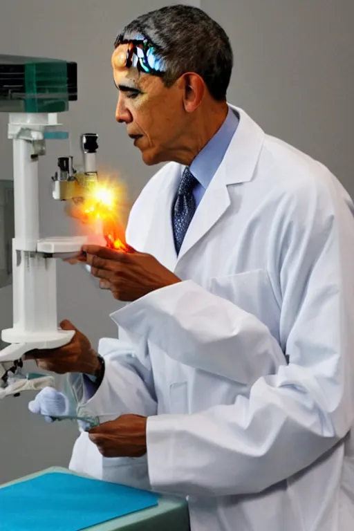 Prompt: president Obama wearing a lab coat injecting a rainbow into a frog