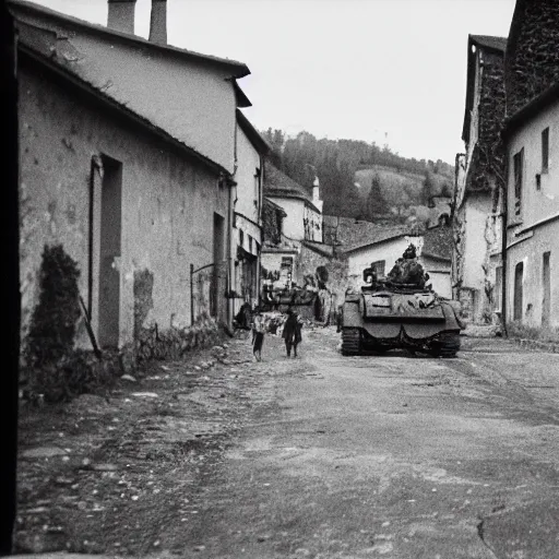 Prompt: small french village bombed out, Nazi Tiger 1s driving into the town, black and white, film grain,