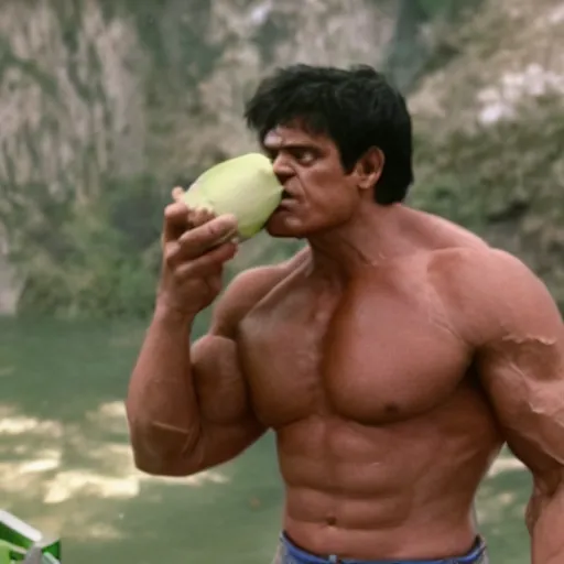 Image similar to a film still of hulk drinking coconut water