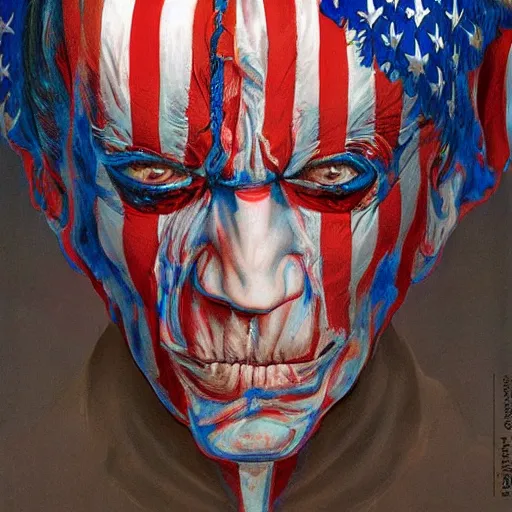 Image similar to patriotic nightmare of joe biden, american flag hell, perfectly clear face, by j. c. leyendecker and beksinski