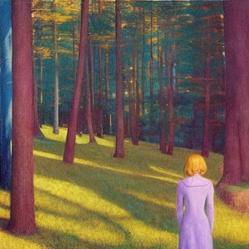 Image similar to a young girl lost in a blue golden forest, film still by edward hopper, by Bosch, by klimt, art noveau, highly detailed, strong lights, liminal, eerie, Bright pastel colors