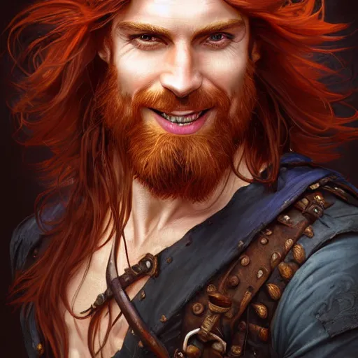 Image similar to portrait of a young ruggedly handsome but joyful pirate, male, masculine, upper body, red hair, long hair, d & d, fantasy, joyful smirk, intricate, elegant, highly detailed, digital painting, artstation, concept art, matte, sharp focus, illustration, art by artgerm and greg rutkowski and alphonse mucha