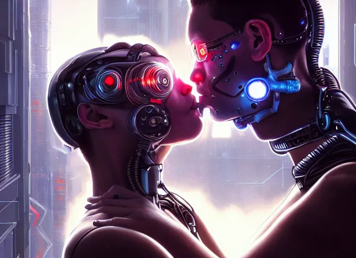 Image similar to ultra realistic medium shot of a couple of cyborgs kissing, lovers, cyberpunk, sci - fi, fantasy, kodak, colour led, soft light, volumetric lighting, night, intricate, highly detailed, digital painting, concept art, smooth, sharp focus, illustration, art by artgerm and greg rutkowski and alphonse mucha