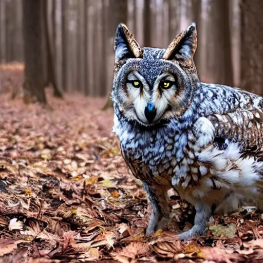 Image similar to mixture between an! owl and wolf, captured in a forest