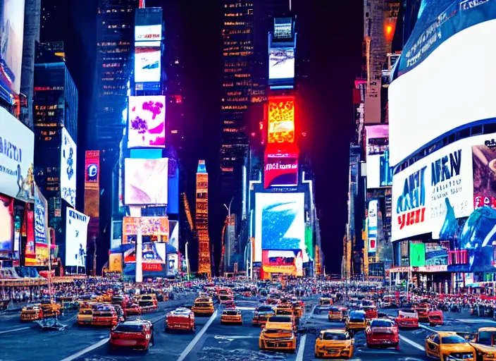 Prompt: film still of the moon shattering into pieces over time square in the new disaster movie, 8 k, night time