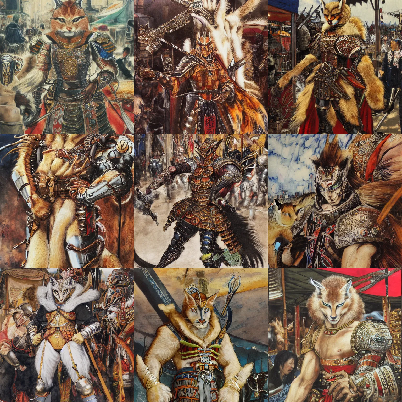 Prompt: 8k Yoshitaka Amano painting of upper body of a young cool looking caracal beast-man with white mane at a medieval market at windy day. Depth of field. He is wearing complex tribal armors. He has huge paws. Renaissance style lighting.