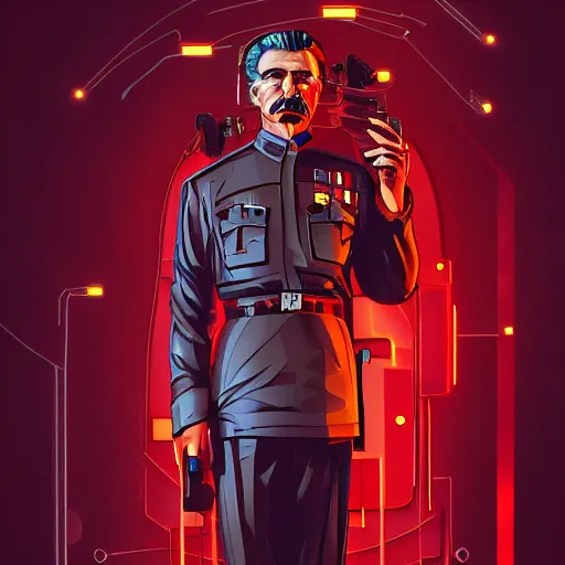 Image similar to cyberpunk joseph stalin as the leader of a futuristic communist society, cybernetics, sharp lines, digital, artstation, colored in