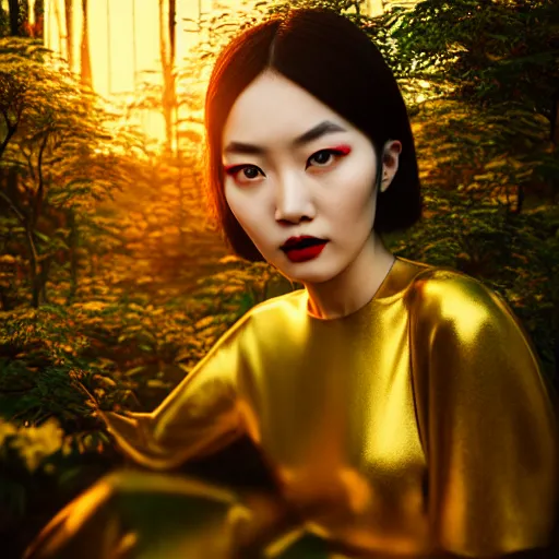 Image similar to innovative avant - garde art, deco fashion, asian women, highly detailed, photorealistic portrait, serene forest setting, golden hour, crisp quality and light reflections, octane render