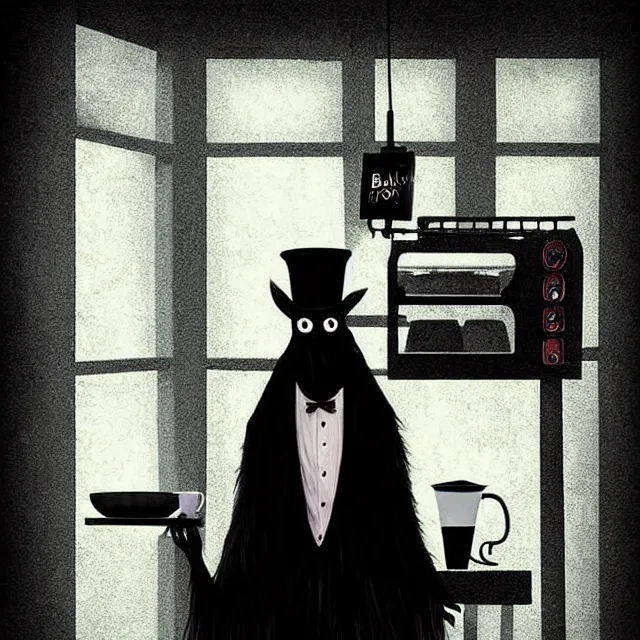 Image similar to epic professional digital art of the Babadook as a depressed barista behind he counter of an old dingy brutalist diner, best on artstation, cgsociety, wlop, Behance, pixiv, astonishing, impressive, outstanding, epic, cinematic, stunning, gorgeous, concept artwork, much detail, much wow, masterpiece.