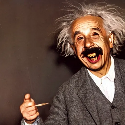 Prompt: albert einstein with huge scary grin and sharp triangle teeths maniacally laughing colorised